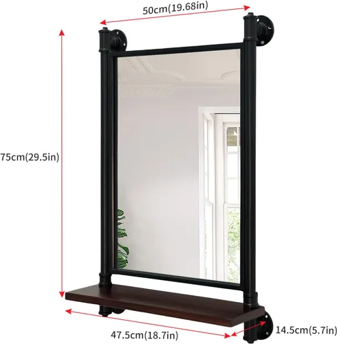 Miniatura 2 de Espejo de tubo industrial, estantes de madera, espejo de dormitorio con estante, espejos rectangulares de pared de hierro para sala de estar
