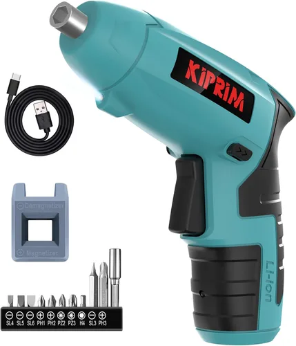 Kiprim ES3 - Destornillador eléctrico pequeño de 4 V, herramienta de destornillador inalámbrico con batería recargable, luz frontal LED y luz de