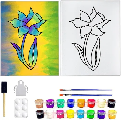 INDIGO ART STUDIO Kit de pintura de lienzo predibujado para adultos, niños, parejas, estirado y estarcido, actividad artística, flor de loto #4