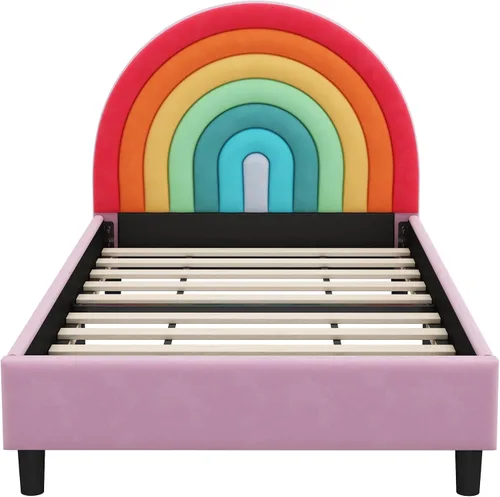 Miniatura 7 de SOFTSEA Base de cama tamaño individual con diseño de arco iris para niños, cama tapizada individual con cabecera arcoíris, cama de princesa, linda