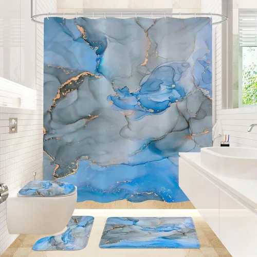 Miniatura 10 de Gibelle Juego de 4 cortinas de ducha de baño con alfombras antideslizantes, cubierta para tapa de inodoro y tapete de baño, juego de decoración