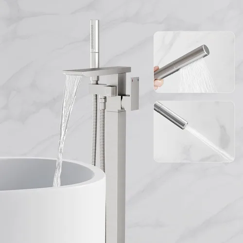 Miniatura 11 de RUMOSE Llenador de bañera negro mate, relleno de bañera independiente, grifo de bañera de montaje en cascada, grifo de bañera de latón de alto flujo