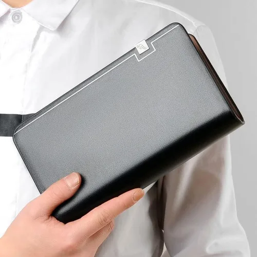 Miniatura 3 de Bolso de mano para hombre, bolso de mano de cuero genuino, con cremallera, cartera larga, para negocios, grande, soporte para teléfono