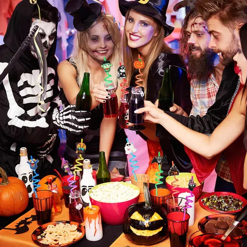 Miniatura 5 de JANYUN Pajitas de Halloween, 20 popotes de plástico reutilizables locos, regalos de fiesta de Halloween, lindos murciélagos, calabaza, gato