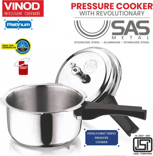 Miniatura 7 de Vinod Platinum Olla a presión de acero inoxidable triple con tapa exterior - 5 litros Cocinador de fondo SAS Cocinador de base de inducción