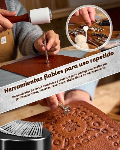 Miniatura 5 de SAKERNEO Kit de herramientas de trabajo de cuero, versión máxima, con alfombrillas de corte de bolso personalizadas, grabado, perforación, costura