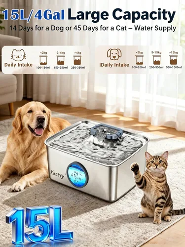 Miniatura 2 de Kastty Fuente de agua para perros de 15L/4 galones, fuente de agua grande de acero inoxidable para mascotas con luz LED de nivel de agua