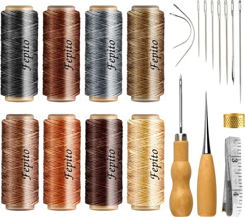 FEPITO Hilo encerado de cuero de 8 colores, 264 yardas, 150D, cordón de hilo encerado para costura de cuero, kit de herramientas manuales para