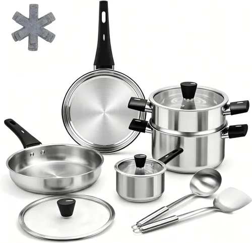 Juego de utensilios de cocina de acero inoxidable, juego de ollas y sartenes de 14 piezas, juego de utensilios de cocina con mango de enfriamiento