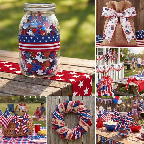 Miniatura 5 de Tigeen 6 rollos de 30 yardas con alambre del 4 de julio, con borde blanco, rojo y azul, rayas estadounidenses, bandera patriótica, estrella, camión