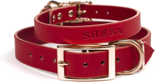 Miniatura 8 de Collar de cuero personalizado hecho a mano para perro con bridón grabado con el nombre de la mascota, herrajes en tono cobre/oro rosa (negro)