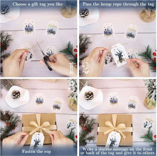 Miniatura 3 de 120 etiquetas de regalo de papel de Navidad, acuarela azul, árbol de Navidad, alce, etiquetas colgantes con cuerdas de cáñamo, 4 diseños, etiquetas