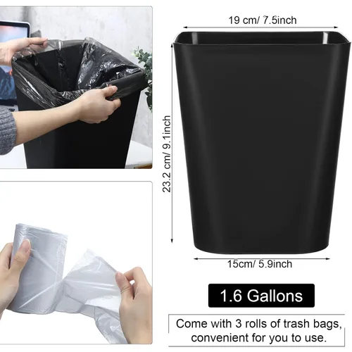 Miniatura 2 de Eccliy Paquete de 6 botes de basura de plástico de 1.6 galones pequeños para baño, con 3 rollos de bolsas para dormitorio, hogar, oficina, sala
