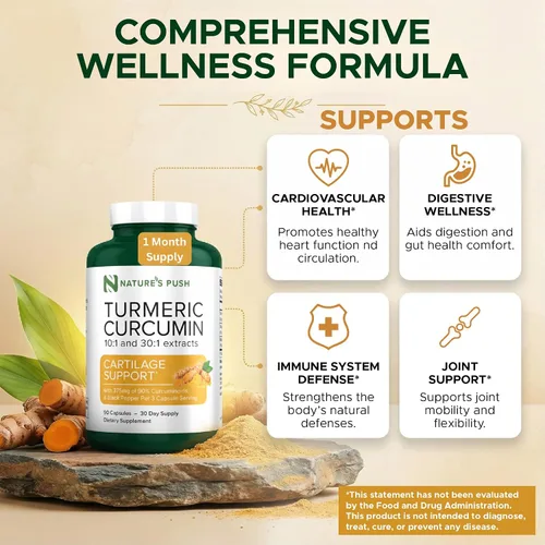 Miniatura 3 de Nature's Push Curcumina de cúrcuma súper potente 30:1 Extracto 30:1 375 mg 90% curcuminoides, 1,350 mg de raíz de cúrcuma 10:1 más pimienta negra
