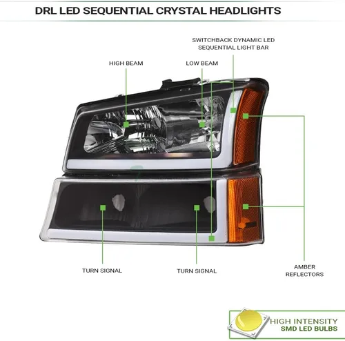 Miniatura 4 de Switchback - Barra de tubo LED secuencial, carcasa negra, faros delanteros de cristal con lámparas de parachoques de señal, reflector ámbar, 4