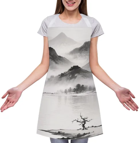 Miniatura 3 de MUSM Apron for Adults - 27.6 X 31.5 Inch, Heavy-Duty Polyester Aprons with Two Large Pockets, Waterproof Ink Painting Landscape Kitchen Apron for