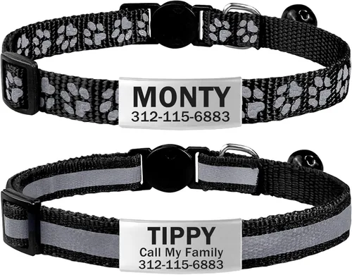 TagME Paquete de 2 collares de gato con etiqueta de nombre, collar reflectante personalizado para gato con campana para niño y niña, color negro