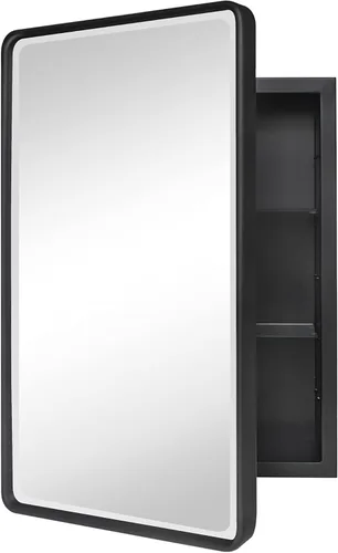 Miniatura 11 de TEHOME Botiquín de baño empotrado con marco de metal dorado cepillado con espejo rectangular redondeado con espejo biselado de 16 x 24 pulgadas