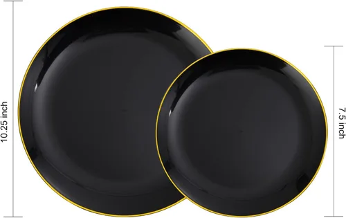 Miniatura 10 de KIRE 60 platos de plástico negro, platos desechables negros con borde dorado para fiesta de Halloween/graduación, incluye 30 unidades de 10.25