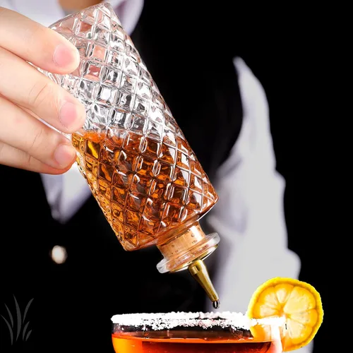Miniatura 5 de SuproBarware Juego de 4 botellas de vidrio para cóctel con tapa de aleación de zinc para cóctel y exhibición (4 piezas)