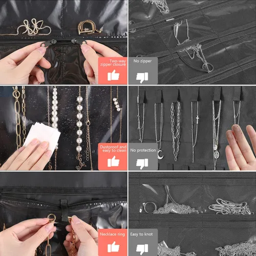 Miniatura 3 de FOREGOER Organizador de joyas colgante de doble cara, 43 bolsillos, organizador grande de accesorios para collares, aretes, (negro)