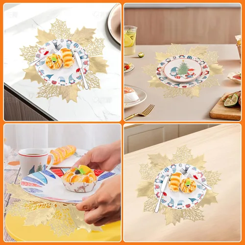 Miniatura 5 de Juego de 8 manteles individuales de Navidad, manteles individuales redondos de flores doradas de vinilo para mesa de cocina, comedor, decoración