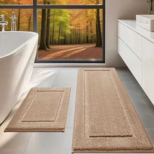 Miniatura 47 de Juego de alfombras de baño de 3 piezas de color blanco hueso, ultra suave, gruesa, esponjosa, microfibra absorbente, parte trasera antideslizante