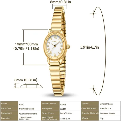 Miniatura 4 de Relojes pequeños de oro para mujer, reloj analógico para mujer con banda de expansión de acero inoxidable, esfera romana ovalada, resistente al agua