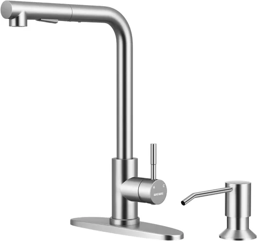 Miniatura 9 de WEWE Grifo de Fregadero de Cocina, Grifo de Cocina Extraíble, Grifo de Cocina Negro y Cromado con Rociador de Acero Inoxidable de Una Sola Manija