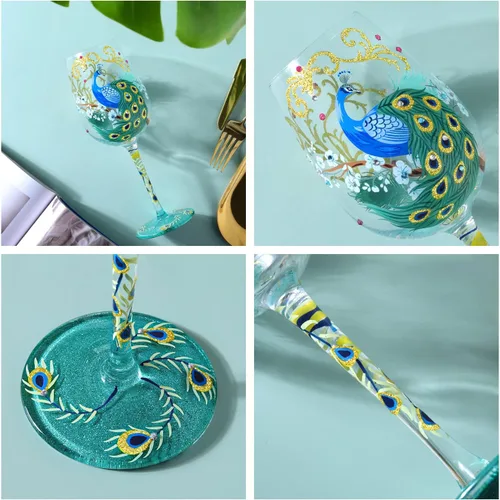 Miniatura 6 de NymphFable Copa de vino pintada a mano color pavo real, diseño artesanal pintado 15oz, regalo personalizado para tu mejor amigo