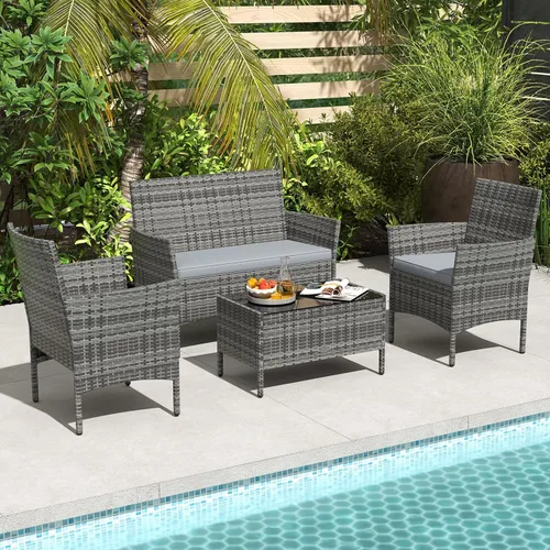 Miniatura 2 de RELAX4LIFE Juego de muebles de patio de 4 piezas – Juego de muebles de ratán para conversación al aire libre con cojines, mesa de centro de cristal