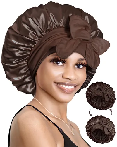 BONNET QUEEN Gorro de seda para dormir, gorro de satén con lazo para el cabello, doble capa, para mujeres, cabello rizado, color marrón