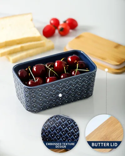 Miniatura 4 de Hasense Mantequillera de cerámica con tapa, recipiente grande para mantequilla hermética para encimera, patrón azul marino en relieve, fácil