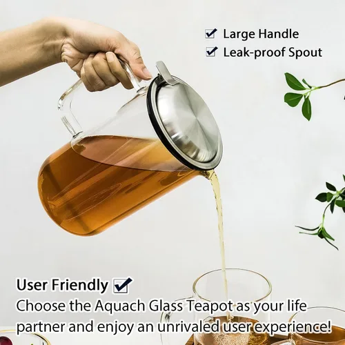 Miniatura 5 de Aquach Tetera de vidrio de 51 onzas con infusor extraíble de acero inoxidable, apta para estufa y lavavajillas, ideal para preparar té suelto