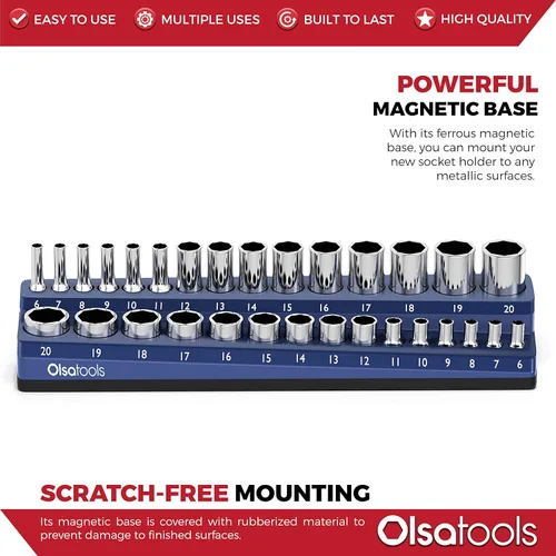 Miniatura 4 de Olsa Tools Soporte magnético para vasos Drive de 3/8 pulgadas Métrico Azul Capacidad para 30 vasos Organizador de herramientas de calidad