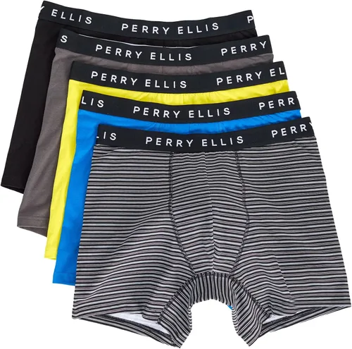 Perry Ellis Calzoncillos tipo bóxer elásticos de algodón para hombre, sin etiquetas, cintura sin rollos, paquete de 5
