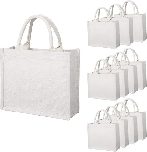 Miniatura 14 de Segarty Bolsas de mano, paquete de 6 bolsas grandes de yute blanco reutilizables de lona para regalos con asas, bolsa en blanco a granel para dama