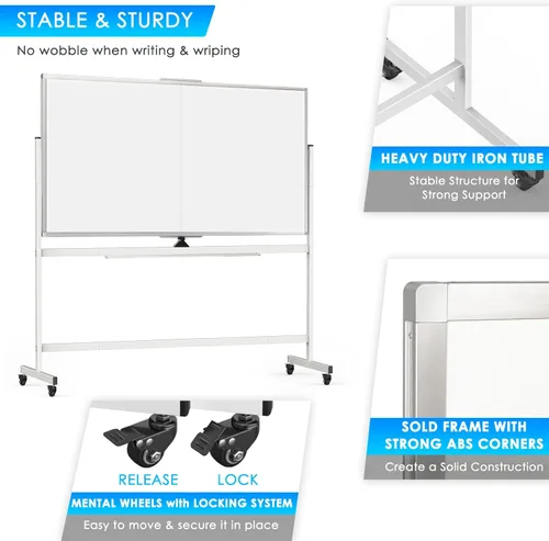 Miniatura 3 de Pizarra blanca rodante de doble cara, 72 x 40 pulgadas, pizarra blanca grande con soportes, pizarra magnética reversible de 360° de borrado en seco