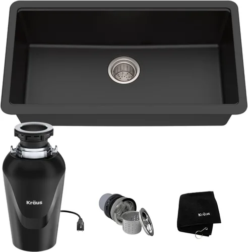 Miniatura 19 de Kraus Quarza - Fregadero de cocina de granito para montar por debajo, cajón único de 31 pulgadas, en ónix negro, KGU-413B