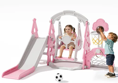 Miniatura 10 de XJD - Juego de tobogán y columpio 6 en 1 para niños pequeños, tobogán para niños de 1 año en adelante, juego de exterior para niños pequeños con aro