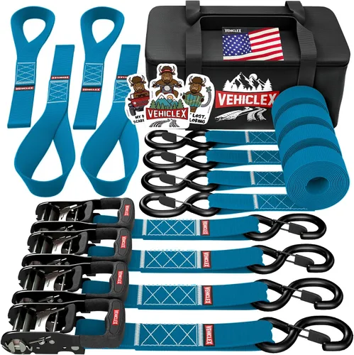 Miniatura 9 de Vehiclex Correas de amarre de trinquete para motocicleta con bucles suaves - 4PK Kit de servicio pesado de 1.5" x 8ft, resistencia de rotura de Negro