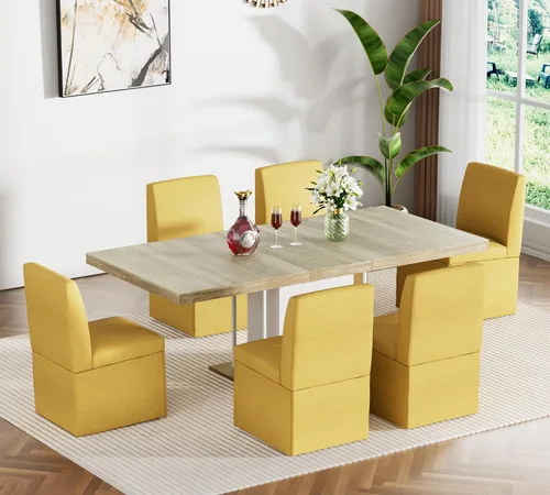Miniatura 12 de Juego de mesa de comedor extensible para mesa de cocina extensible de 4, 5 piezas y 4 sillas de almacenamiento ocultas de lino tapizadas de madera