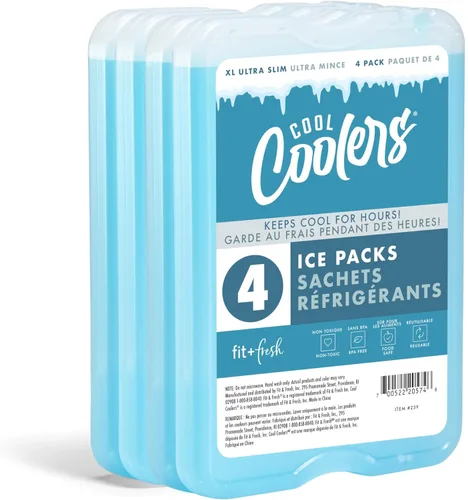 Fit & Fresh Cool Coolers Paquete de 4 paquetes de hielo XL delgados, congelación rápida, ahorro de espacio, bolsas de hielo reutilizables para