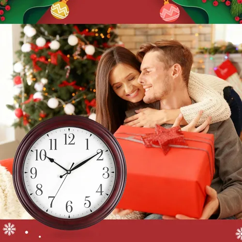 Miniatura 7 de Reloj de pared de madera redondo de 14 pulgadas, funciona con pilas, sin tictac, analógico, rústico, para cocina, sala de estar, dormitorio, día