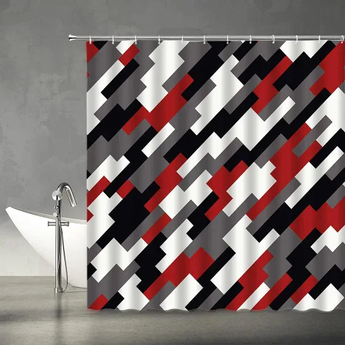 Miniatura 2 de Cortina de ducha geométrica, negro, gris, rojo, blanco, geometría abstracta, azulejos de moda, patrón sin costuras, tela de diseño moderno, juego