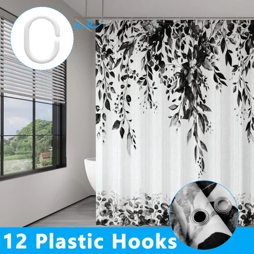 Miniatura 5 de Cortina de ducha de hojas de eucalipto negras para baño: juego de cortinas de ducha con acuarela de arte estético con ganchos, decoración de tela