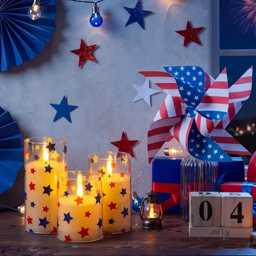 Miniatura 4 de Blosssound 3 Pack 4th of July Flameless Candles Battery Operated Independence Day Stars in Blue Red Flameless Flickering Candles LED for Gifts Home