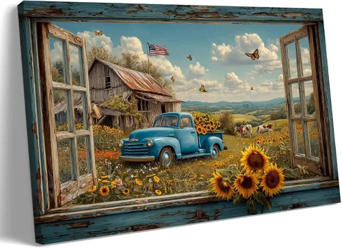 Miniatura 33 de Decoración rústica de granja en lienzo con ventana abierta, impresiones artísticas para pared, pintura de camión viejo, lienzo de granero y bandera