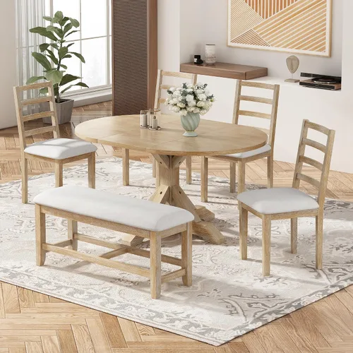 Miniatura 11 de JIVOIT Farmhouse 6 Piece Dining Table Set, Counter Height Table Set with 4 Chairs and a Bench, Rubber Wood Expandable Bar Table Set with Rivet Gris-3
