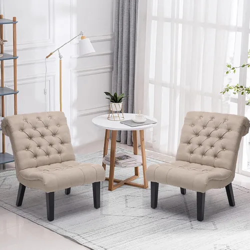Miniatura 11 de Silla decorativa moderna para dormitorio, sala de estar, silla lateral tapizada con botones y sin brazos con patas de madera maciza, tela crema